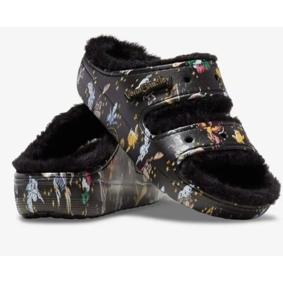 CROCS Black Graphic Furry Sandals - Picture 3 of 13